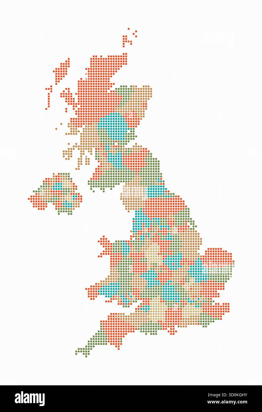 Carte en pointillés du Royaume-Uni. Carte de style numérique du pays sur fond blanc. Forme Royaume-Uni avec des points carrés. Style de points colorés. Illustration de Vecteur