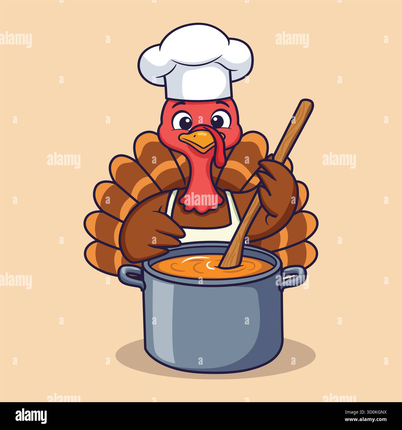 Cute Turkey Chef remuant soupe dans pot – illustration vectorielle Banque D'Images