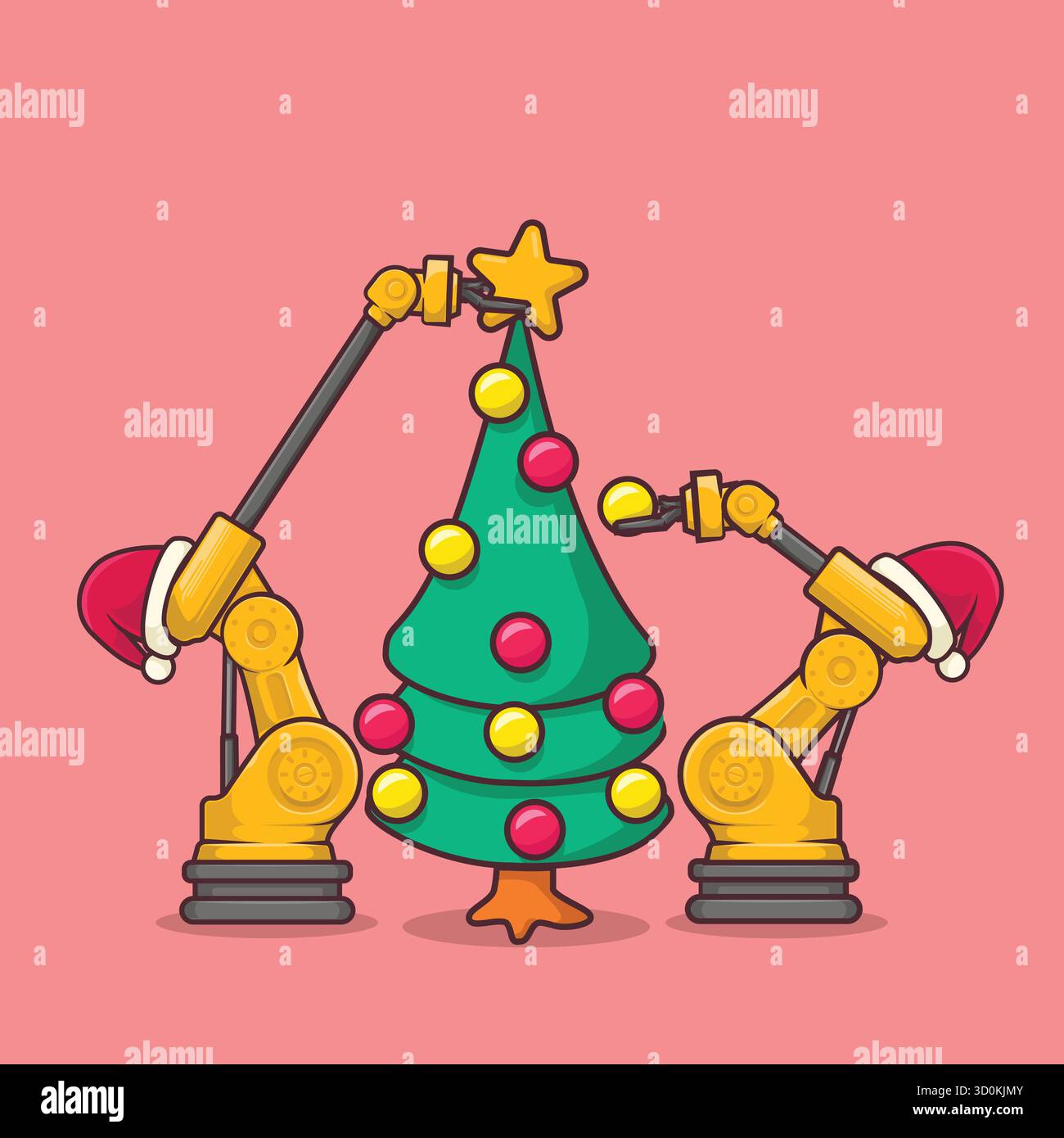 Deux bras robotiques jaunes portant des chapeaux de Père Noël décorant un arbre de Noël. Vecteur festif parfait pour les ingénieurs en mécanique, l'automatisation et l'industrie Illustration de Vecteur