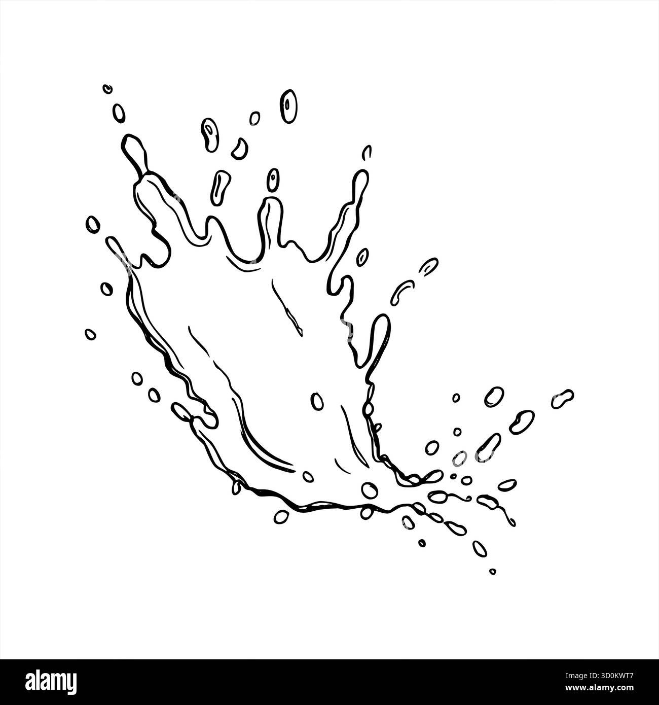 Vecteur monochrome abstrait eau et jus éclaboussure avec des gouttes volantes ligne art dessin à l'encre noire. Texture liquide éclaboussant avec des bulles pour boisson Illustration de Vecteur