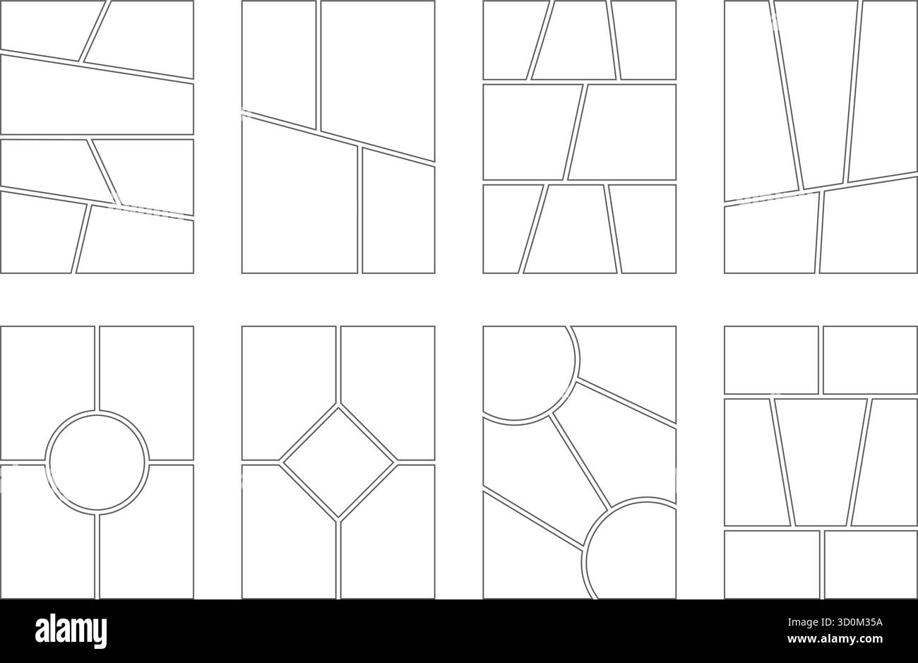 Cadres de livre manga avec des pages verticales sur fond blanc. Panneaux de bande dessinée avec grille pour storyboard japonais et photo. Ensemble de maquettes vides pour le magasin. Illustration de Vecteur