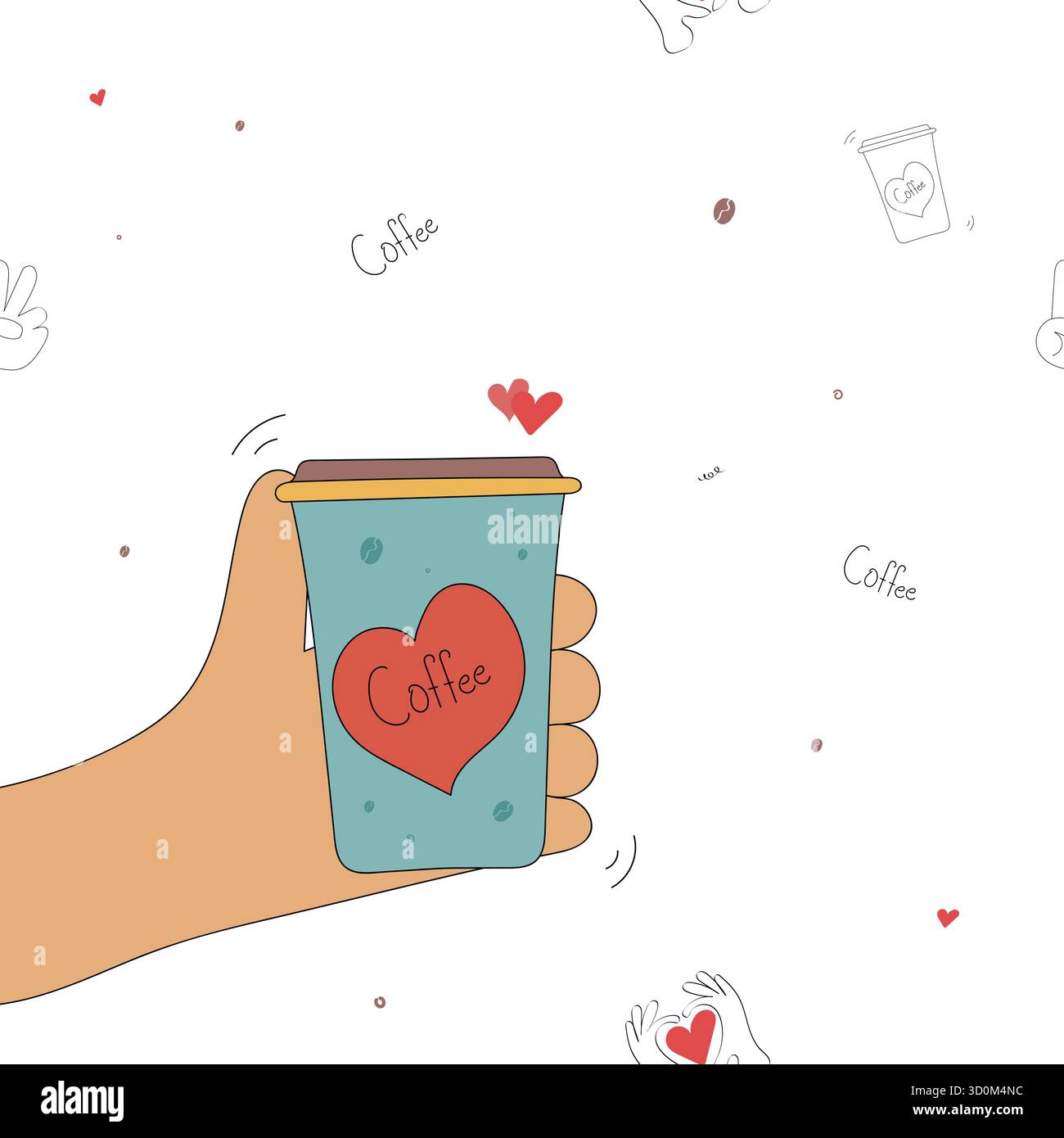 Conception de motif sans couture de café mignon avec tasse dessinée à la main, coeurs et griffonnages dans un style vectoriel minimal pour les arrière-plans de café et les impressions confortables Illustration de Vecteur