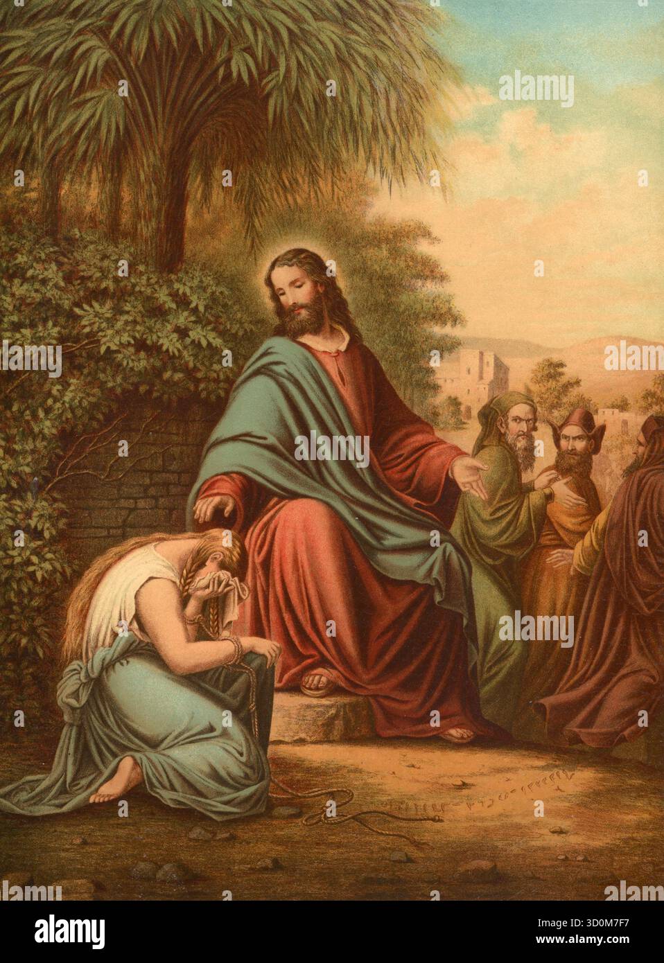 Scène biblique, Bible, Christ et l'adultère, vient de l'Évangile de Jean (Jean 8 :1–11) et est l'un des récits bibliques les plus connus sur la miséricorde et le pardon. Il décrit comment les scribes et les pharisiens amènent une femme prise dans l'adultère à Jésus afin de l'attirer dans un piège. Illustration, reproduction d'un original du XIXe siècle. Authentique, fichier restauré pour une utilisation optimale, date exacte de l'original inconnu. Historique. Banque D'Images