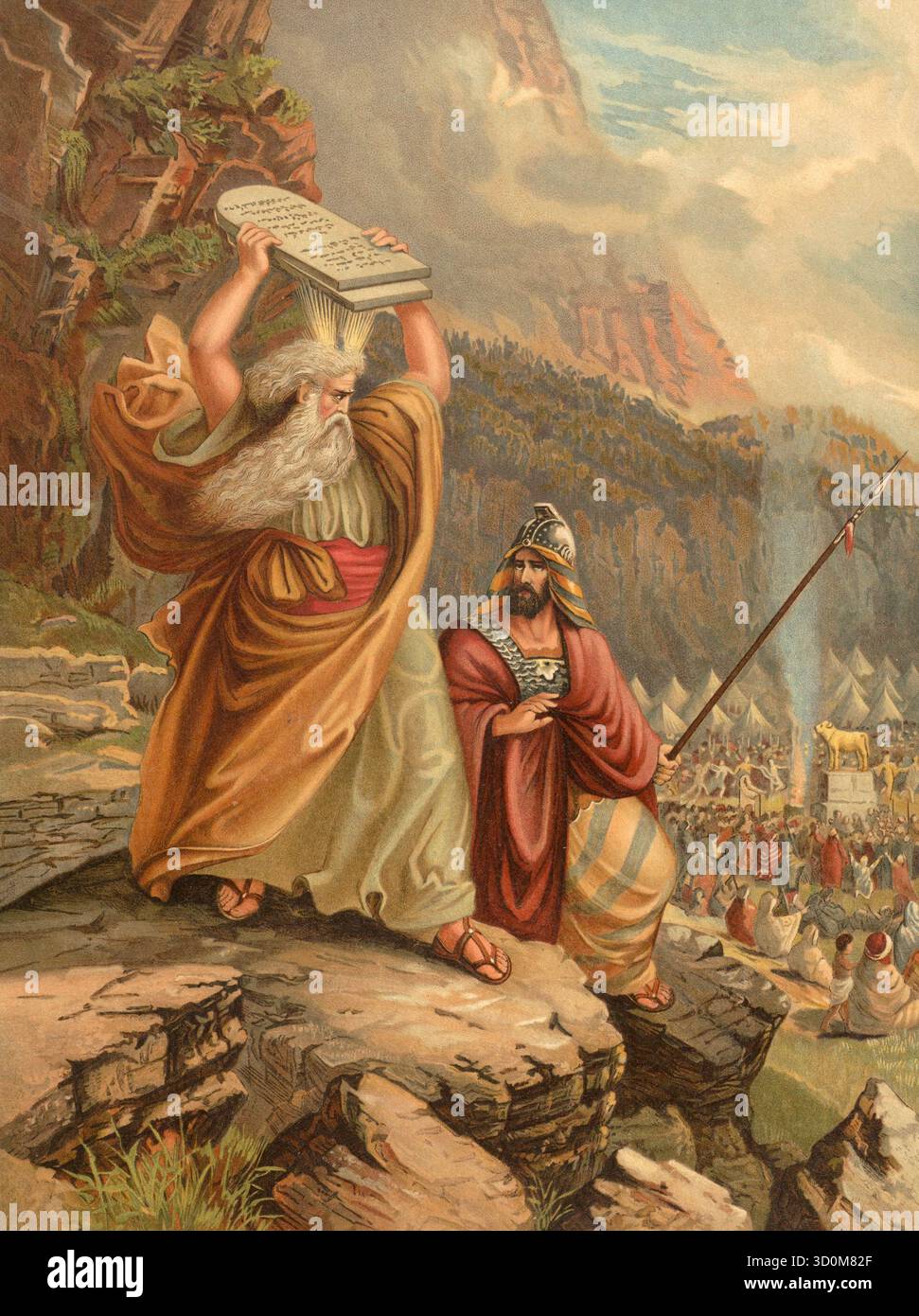 Scène biblique, Bible, Moïse brisant les tablettes contenant les dix Commandements en colère parce que le peuple d'Israël adorait le veau d'or sur le mont Sinaï pendant son absence. Illustration, reproduction d'un original du XIXe siècle. Authentique, fichier restauré pour une utilisation optimale. Date exacte de l'inconnu original. Historique. Banque D'Images