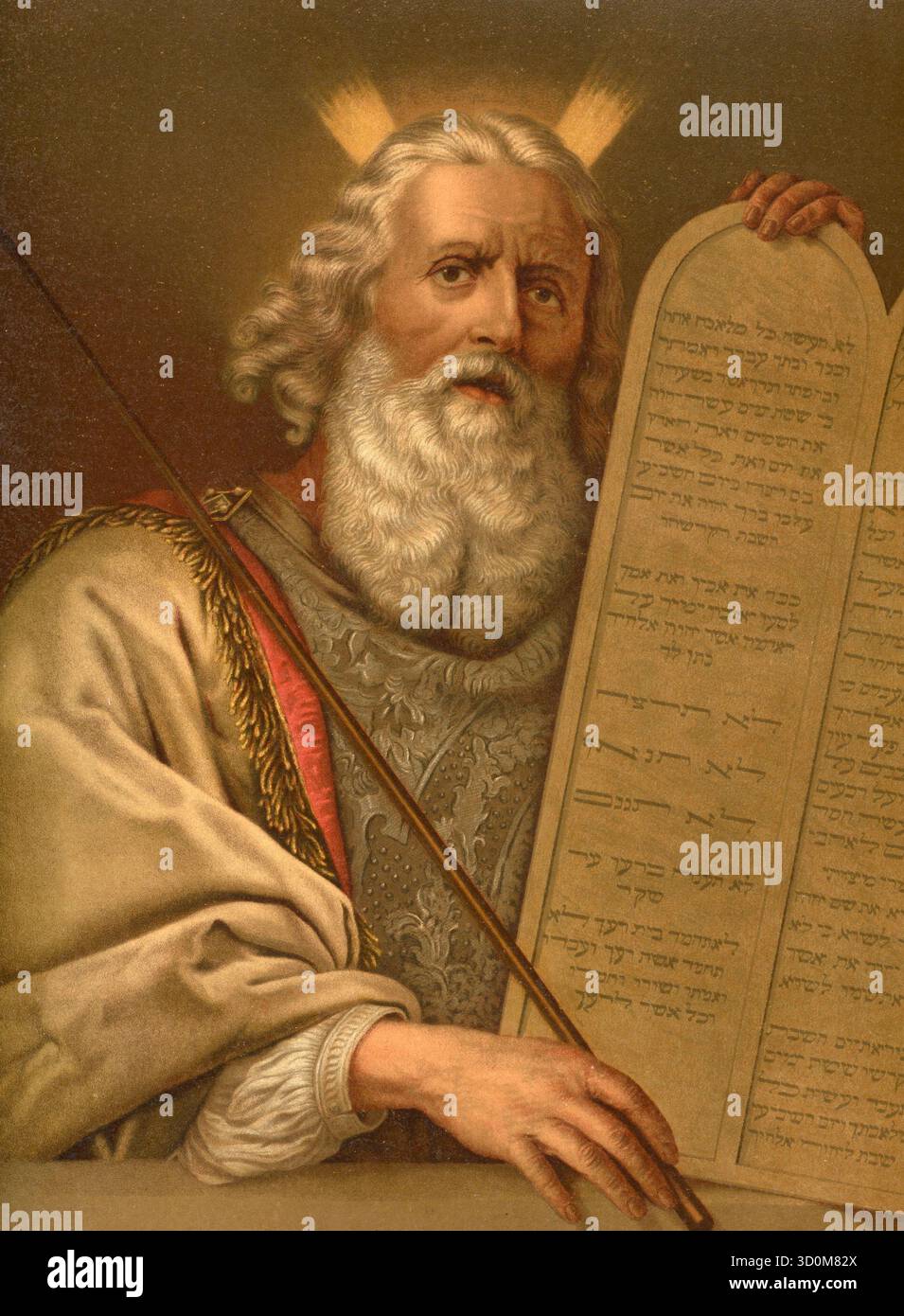 Scène biblique, Bible, Moïse avec les tablettes des Commandements, tablettes de la Loi, Moïse recevant les deux tablettes de pierre avec les dix Commandements de Dieu sur le mont Sinaï, illustration, reproduction d'un original du XIXe siècle. Authentique, fichier restauré pour une utilisation optimale, date exacte de l'original inconnu, historique Banque D'Images