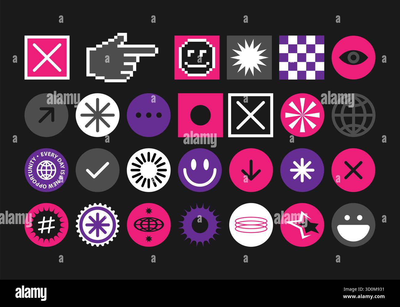 Autocollants Y2K pixels ludiques à la mode. Éléments de design rétro futuriste dans l'esprit de l'esthétique des années 90. Définissez les icônes Neon 8 bits, l'interface UX et l'interface UI. Banque D'Images