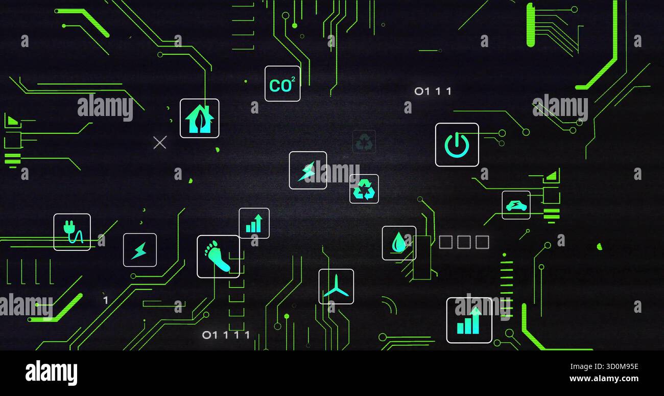 Affichage du schéma montrant CO ? branchez les icônes de turbine sur la carte de circuit imprimé vert néon, chiffres binaires Banque D'Images
