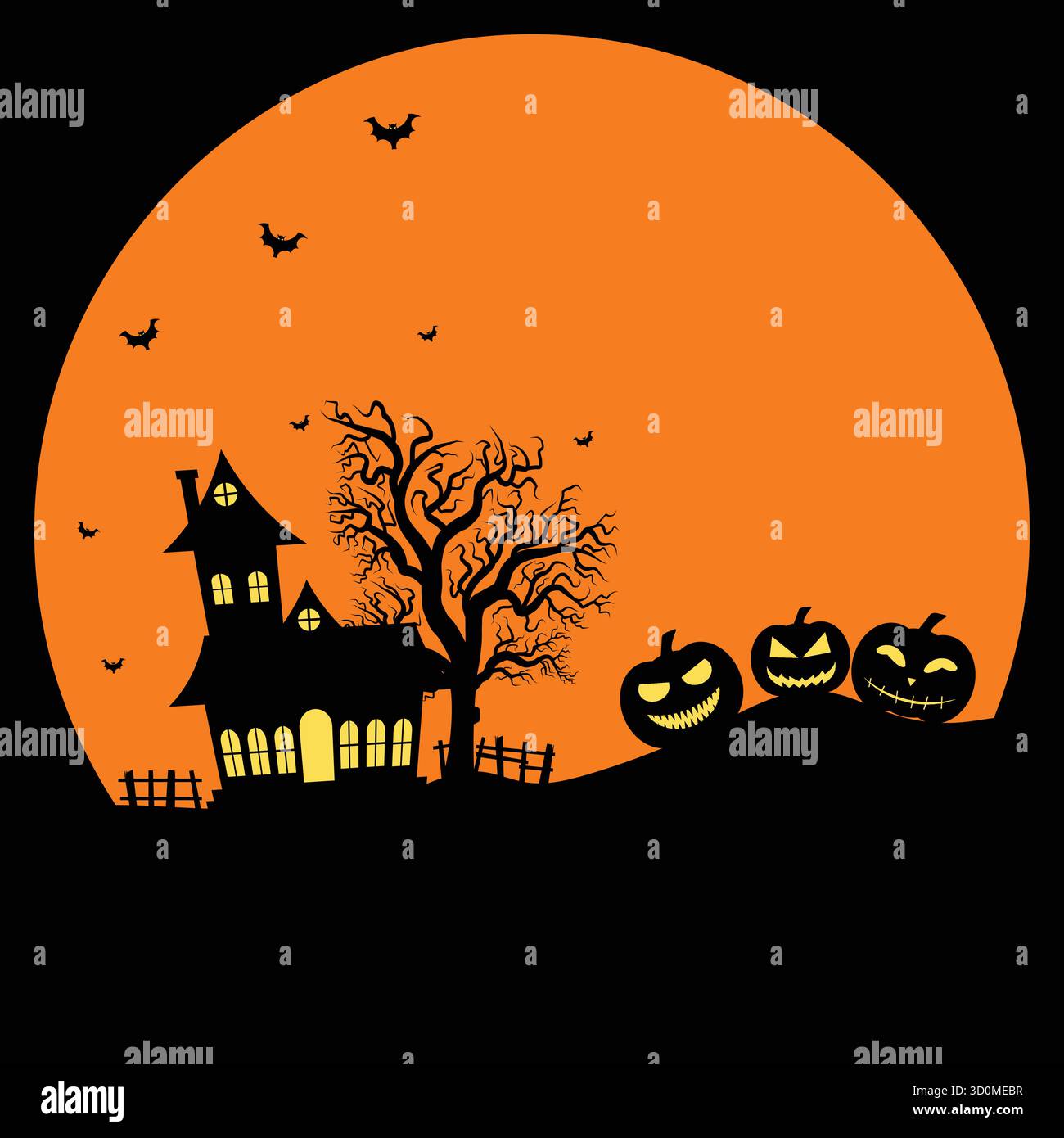 Old House et Dead Tree entourés de chauves-souris lors D'Une nuit de pleine lune Illustration de Vecteur