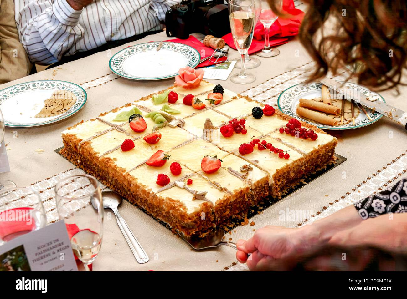 Gâteau à la crème glacée en couches décoré de fraises fraîches et de framboises, servi sur une table lors d'une occasion festive. Banque D'Images