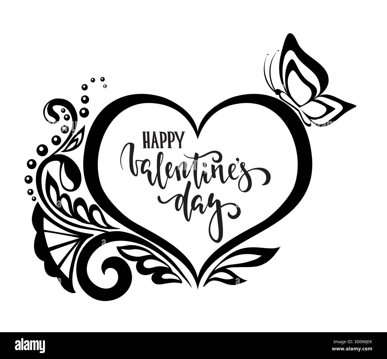 Bonne Saint Valentin. Calligraphie dessinée à la main et lettrage au pinceau. silhouette coeur dentelle fleurs. conception pour carte de voeux et invitation de vacances Illustration de Vecteur