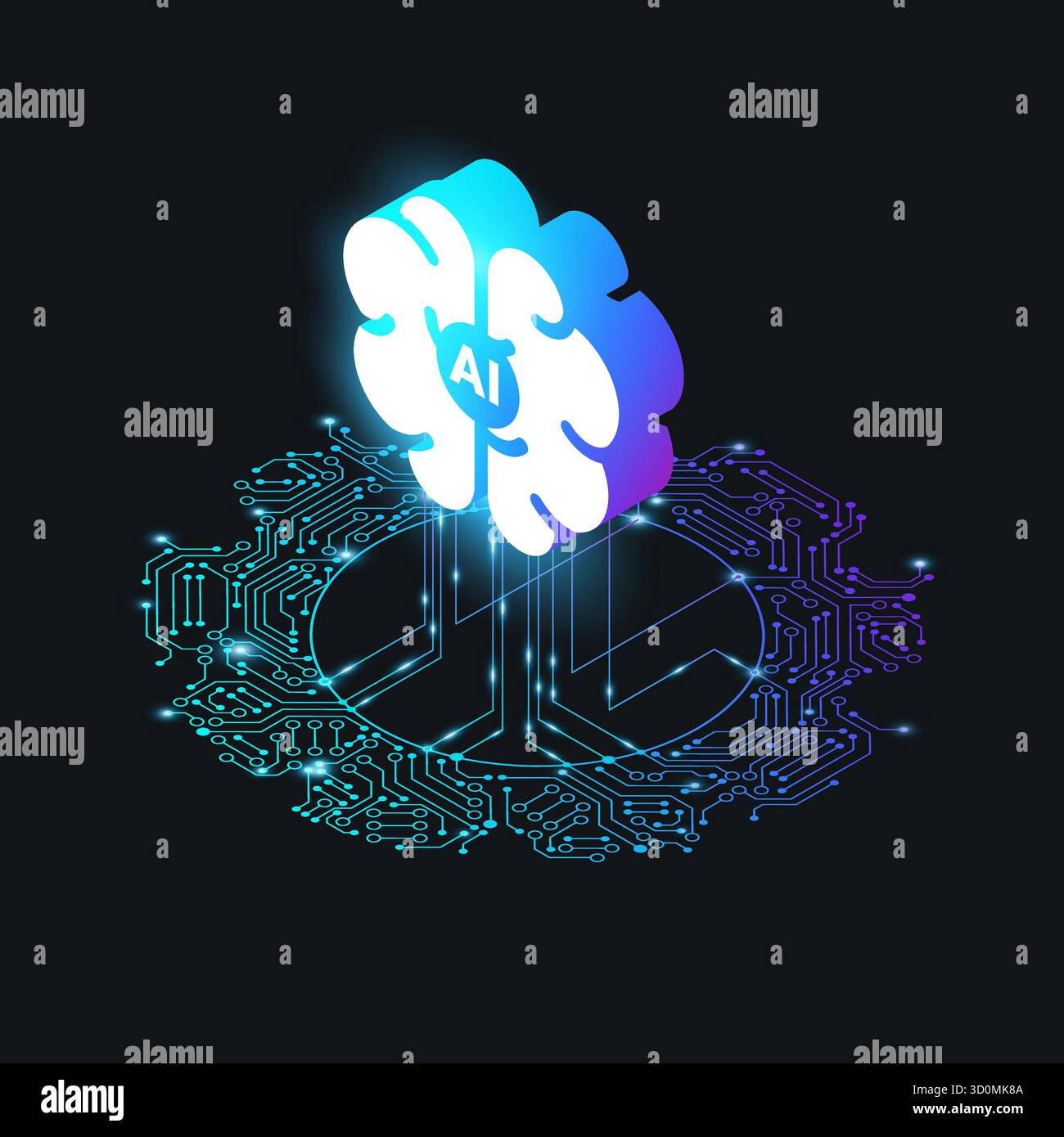 La technologie AI se connecte au concept de réseau numérique - illustration isométrique minimale moderne avec cerveau ai et carte de circuit imprimé sur fond noir Illustration de Vecteur