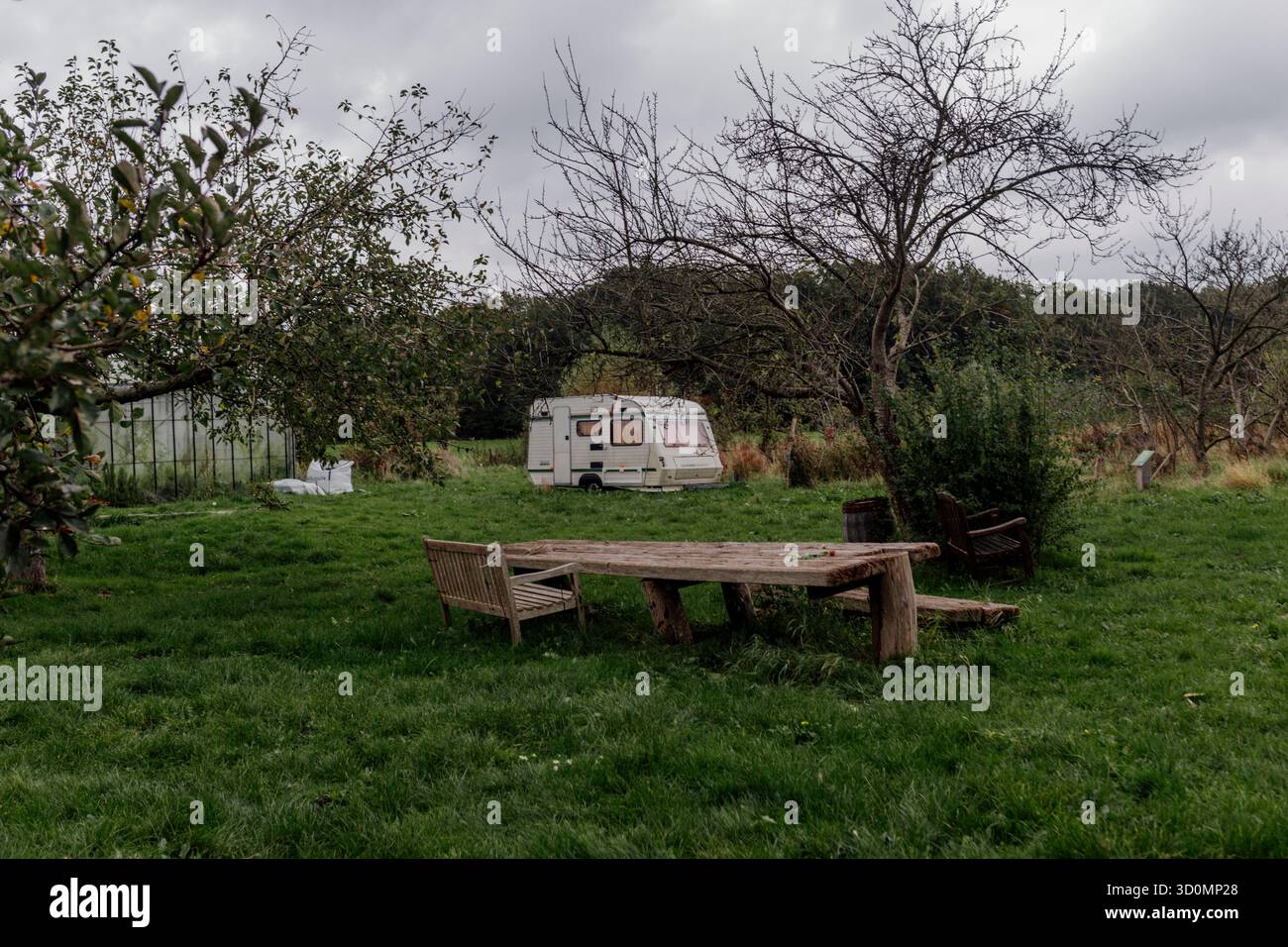 Jardin rustique avec table en bois et caravane dans un champ herbeux Banque D'Images