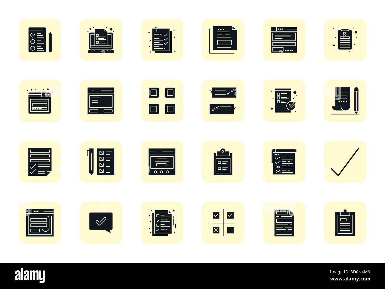Ultime collection de 24 icônes vectorielles représentant questionnaire en esthétique remplie, optimisée avec 128x128 résolution ajustée de grille pour un maximum impac Illustration de Vecteur