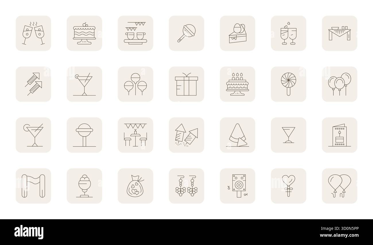 Un ensemble polyvalent de 28 icônes vectorielles Thin Outline Display parfaites axées sur Party, livrées dans un format Retina Ready Crisp idéal pour les applications mobiles et web Illustration de Vecteur