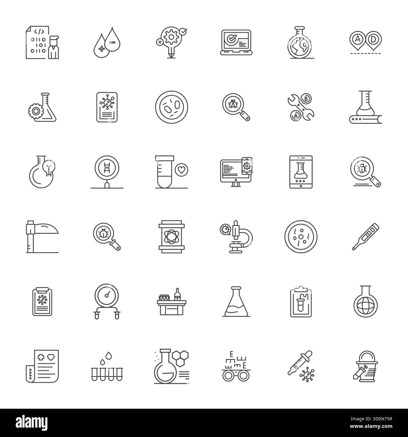 Pack innovant de 36 icônes vectorielles sur le thème des tests, présentant la conception Bold Line dans un format parfait 128x128 PIXELS pour les solutions numériques modernes. Illustration de Vecteur