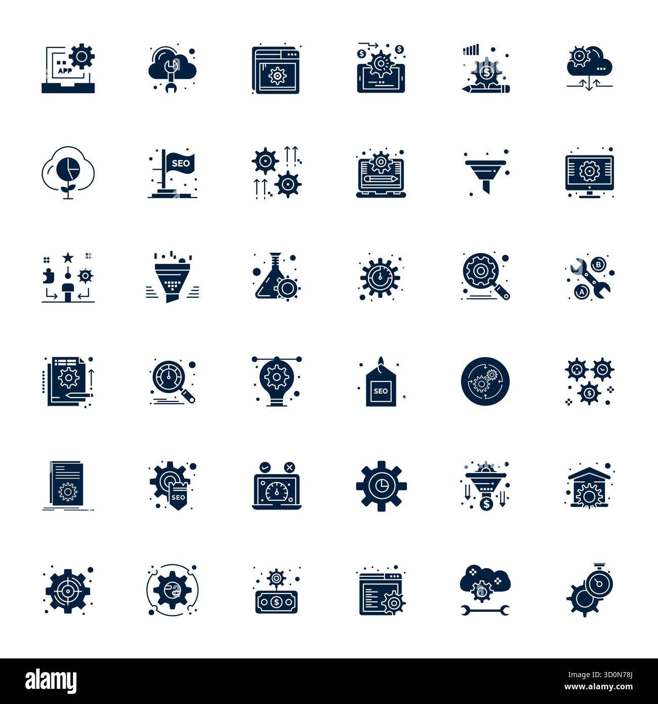 Collection contemporaine de 36 icônes vectorielles représentant l'optimisation dans l'esthétique remplie, avec 128x128 détail résolution améliorée pour appl moderne Illustration de Vecteur