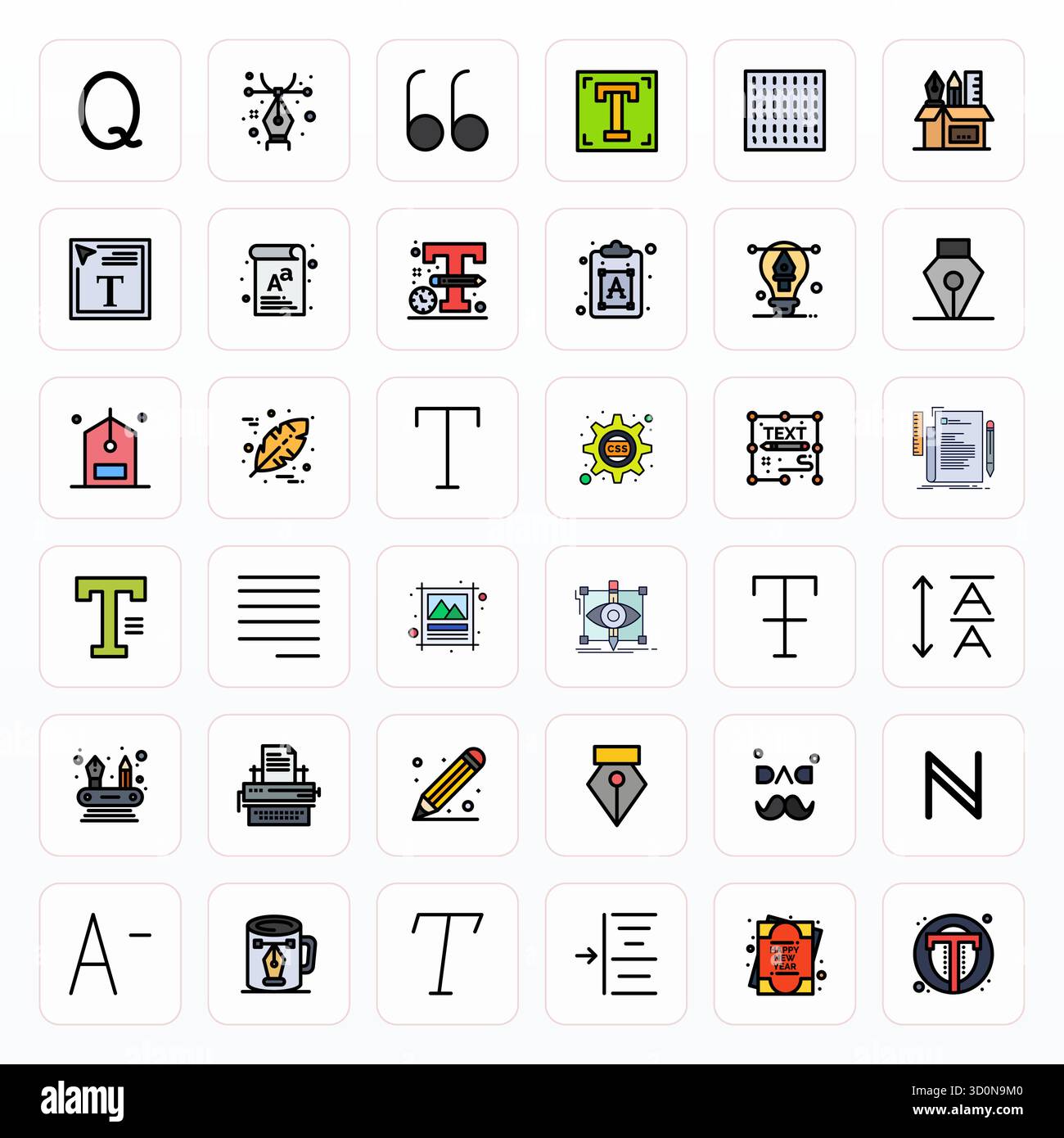 Pack stratégique avec 36 icônes vectorielles représentant la typographie au format Filled Line, optimisé avec une qualité modifiable haute résolution pour professi Illustration de Vecteur