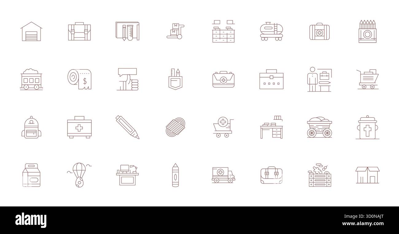 Pack organisé de 32 icônes vectorielles Retina Ready dans la conception Thin Line, centré autour des concepts de fournitures avec une clarté optimisée par pixel. Illustration de Vecteur