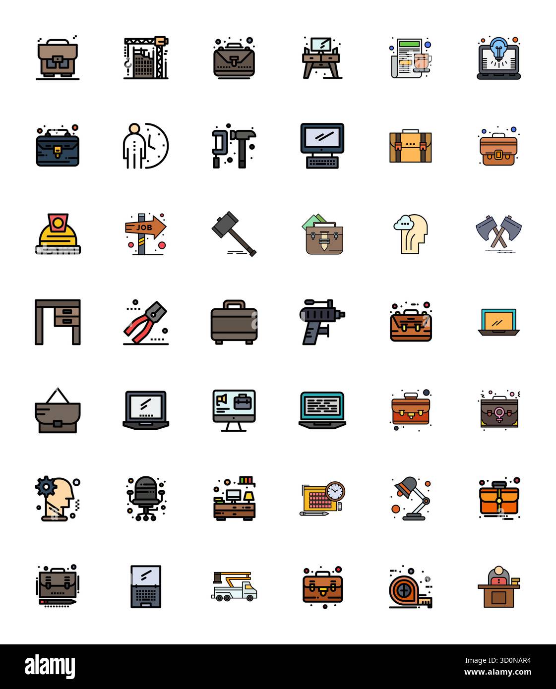 Ensemble de 42 icônes vectorielles alignées Flat Line Filled Pixel sur le thème du travail, conçues en résolution 128x128 pour une intégration transparente dans les applications et les sites Web. Illustration de Vecteur