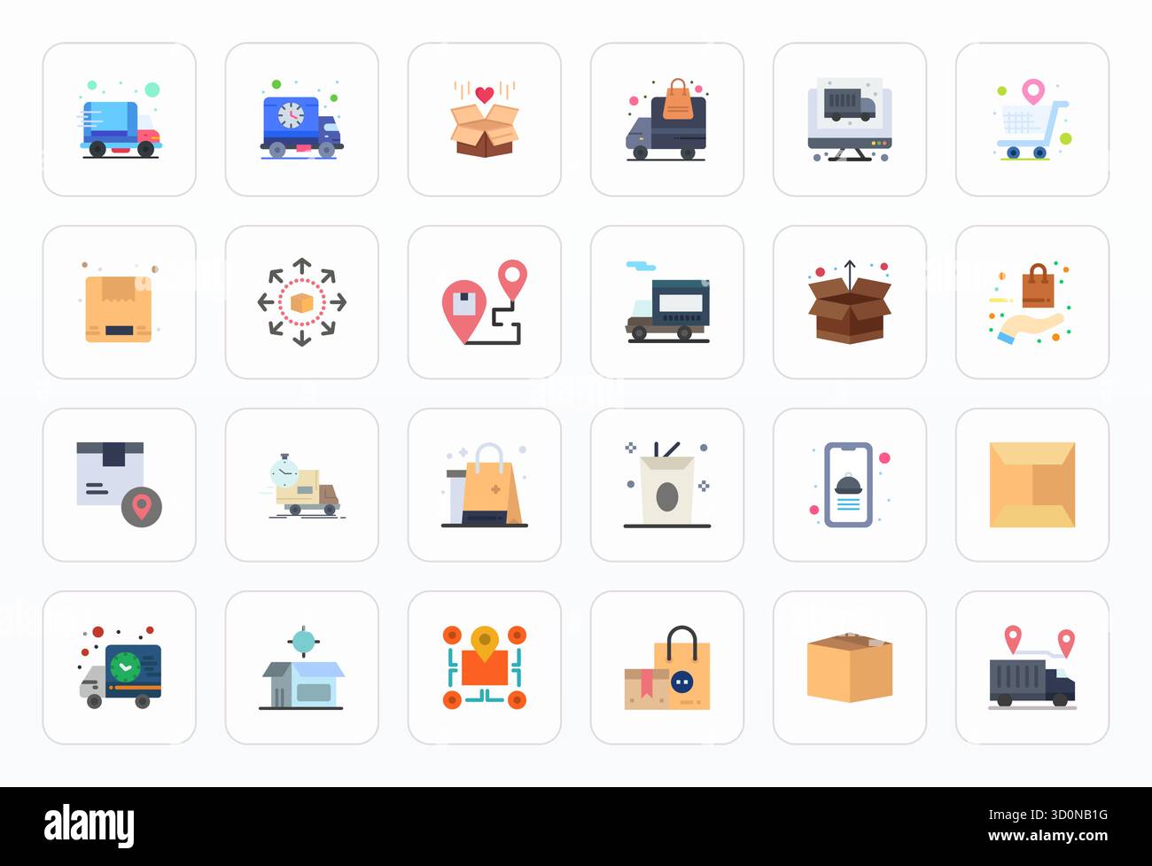 Conçu avec précision 24 icônes vectorielles plates pour le service de livraison, conçu à haute résolution PIXEL parfaite pour une clarté exceptionnelle et scala Illustration de Vecteur