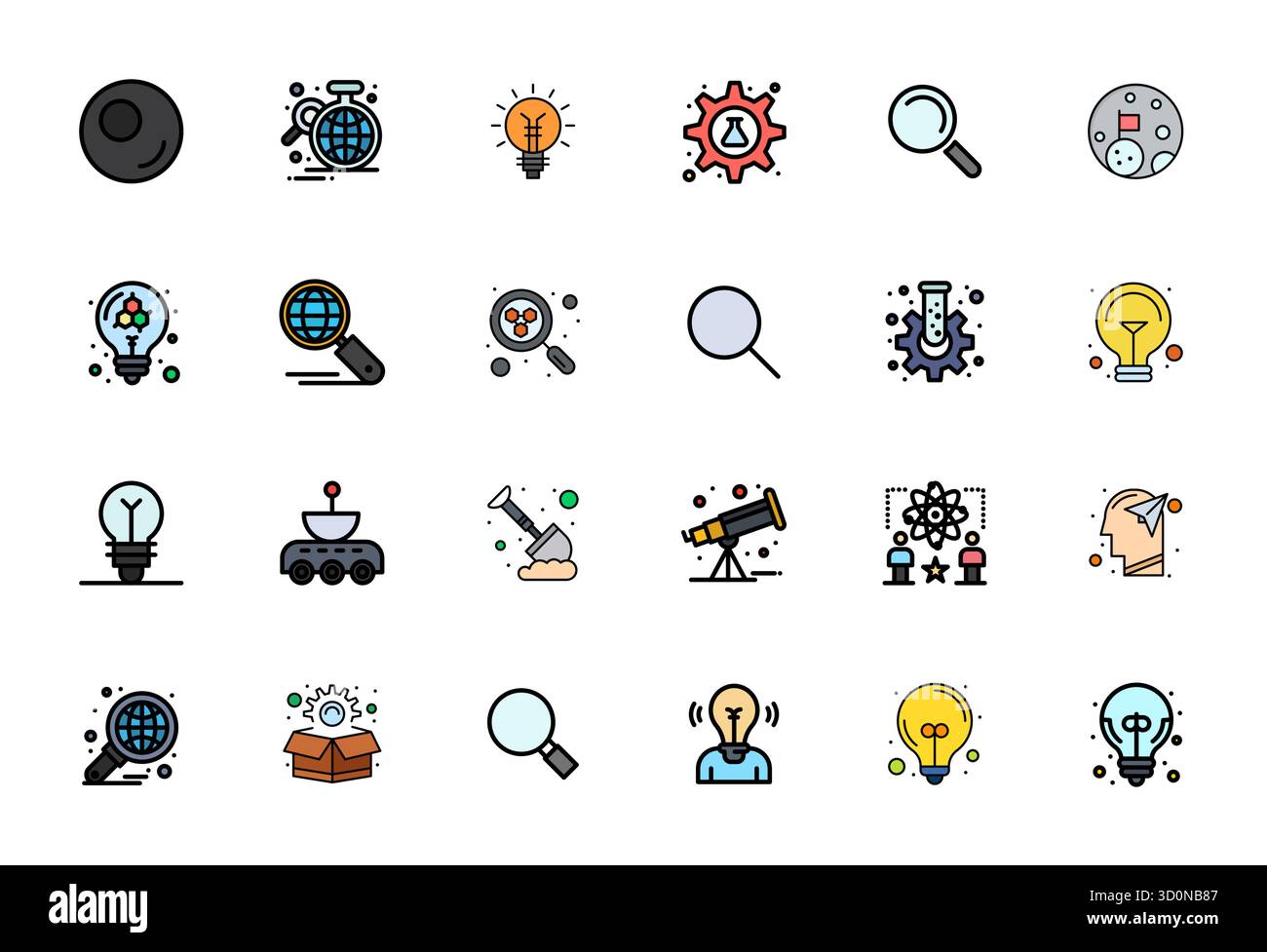 Collection exclusive de 24 icônes vectorielles remplies de ligne pour Discovery, développée avec une résolution alignée 256x256 pixels pour des expériences de marque premium. Illustration de Vecteur