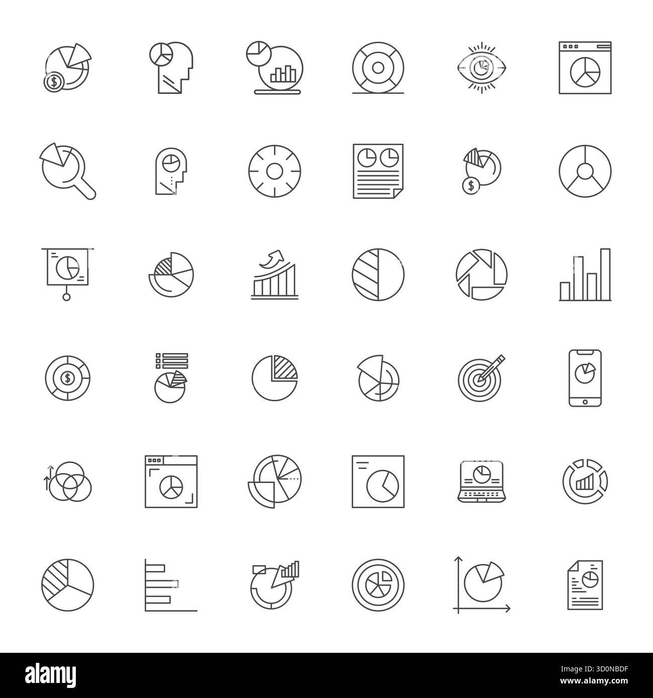 Paquet complet de 36 icônes vectorielles sur le thème de la part de marché, présentant la conception Bold Line en 64x64 détail qualité améliorée pour les interfaces modernes. Illustration de Vecteur