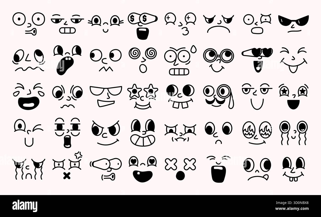 Griffonner les expressions faciales. Visages d'émoticône dessinés à la main comiques avec des yeux et des bouches drôles, différentes émotions pour la conception de personnages. Dessin au trait simple Illustration de Vecteur