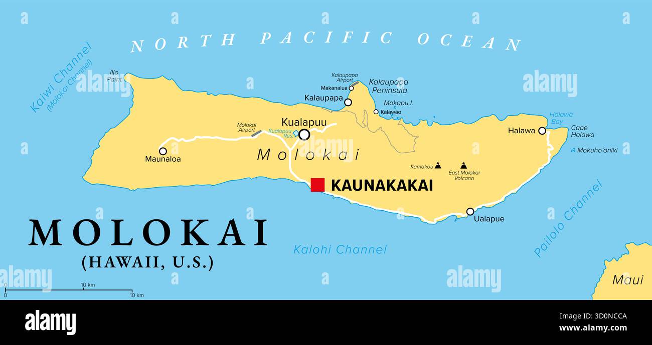Molokai, Hawaii, carte politique avec la plus grande ville Kaunakakai. Partie des îles hawaïennes et 5ème plus grande île de l'état d'Hawaï, États-Unis. Banque D'Images