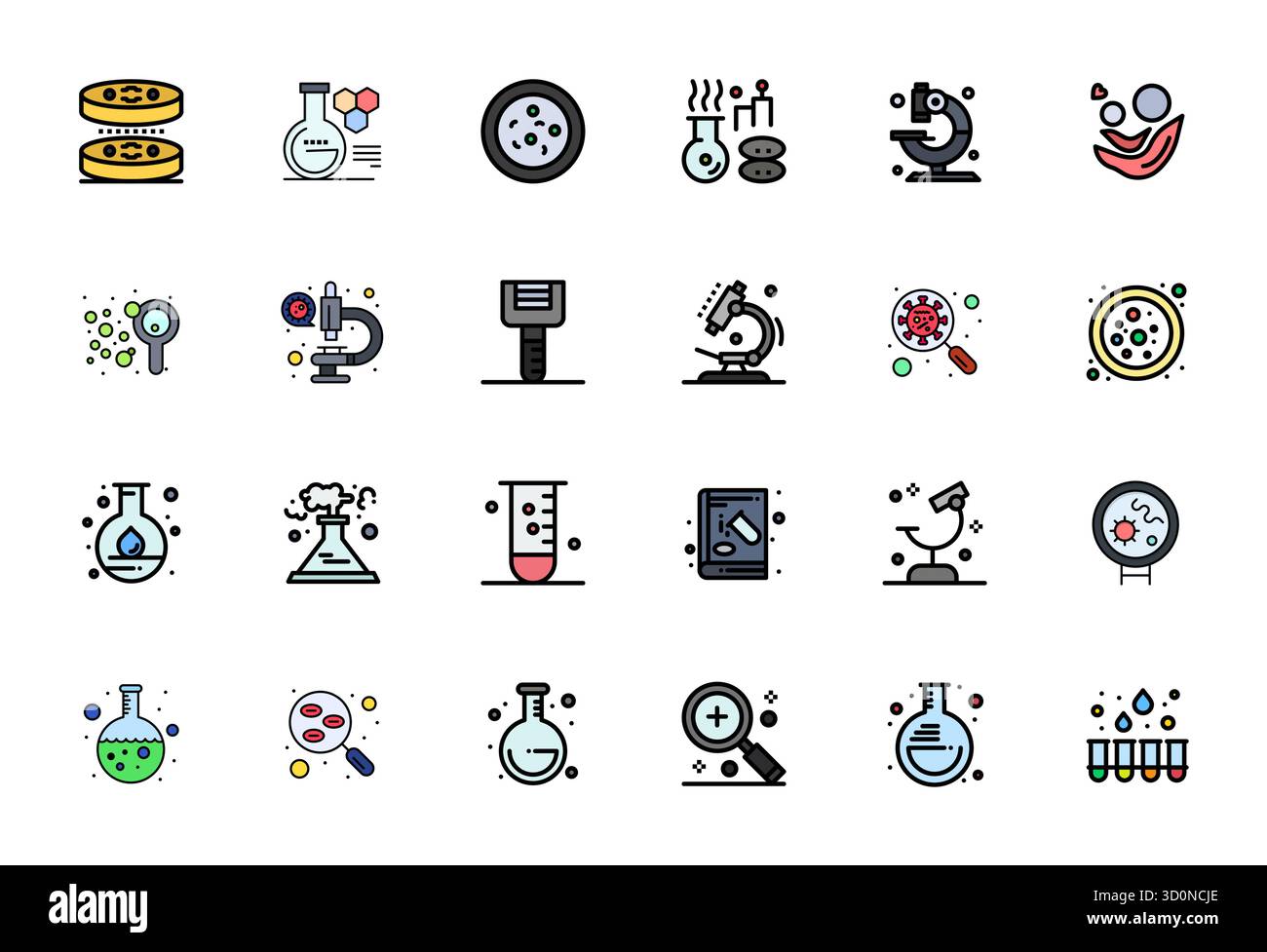 Pack essentiel de 24 icônes vectorielles parfaites de PIXELS pour microscope en format Flat Line rempli, dimensionné chez Retina prêt pour des performances optimales et scalabili Illustration de Vecteur