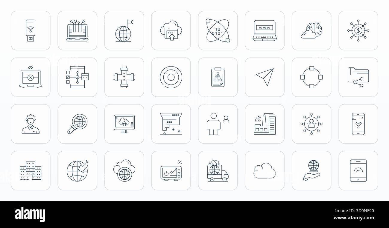 Icônes vectorielles optimisées 32 Thin Line Pixel parfaitement équilibrées pour Network, dimensionnées à 64x64 pour une intégration harmonieuse dans les projets de conception numérique. Illustration de Vecteur