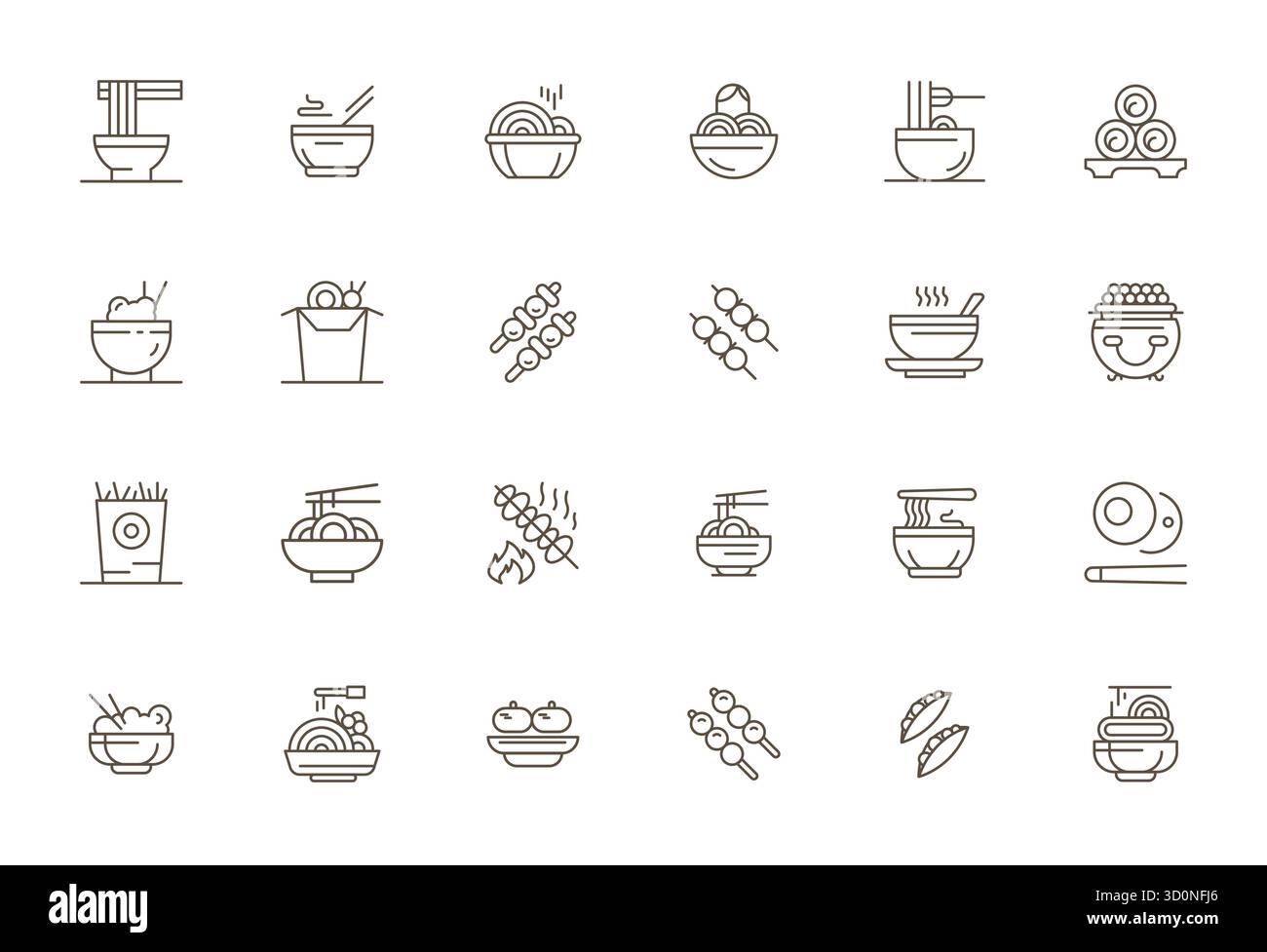 Pack innovant de 24 icônes vectorielles sur le thème de la nourriture asiatique, présentant la conception de Bold Line dans le format Retina Ready PIXEL parfait pour le solut numérique moderne Illustration de Vecteur