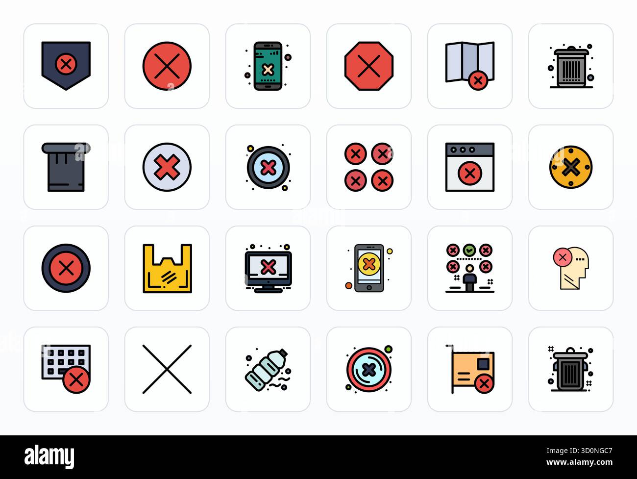 Découvrez un ensemble de 24 icônes vectorielles Filled Line conçues pour le thème de refus, avec des designs parfaits 128x128 PIXELS idéaux pour les projets UI / UX modernes. Illustration de Vecteur