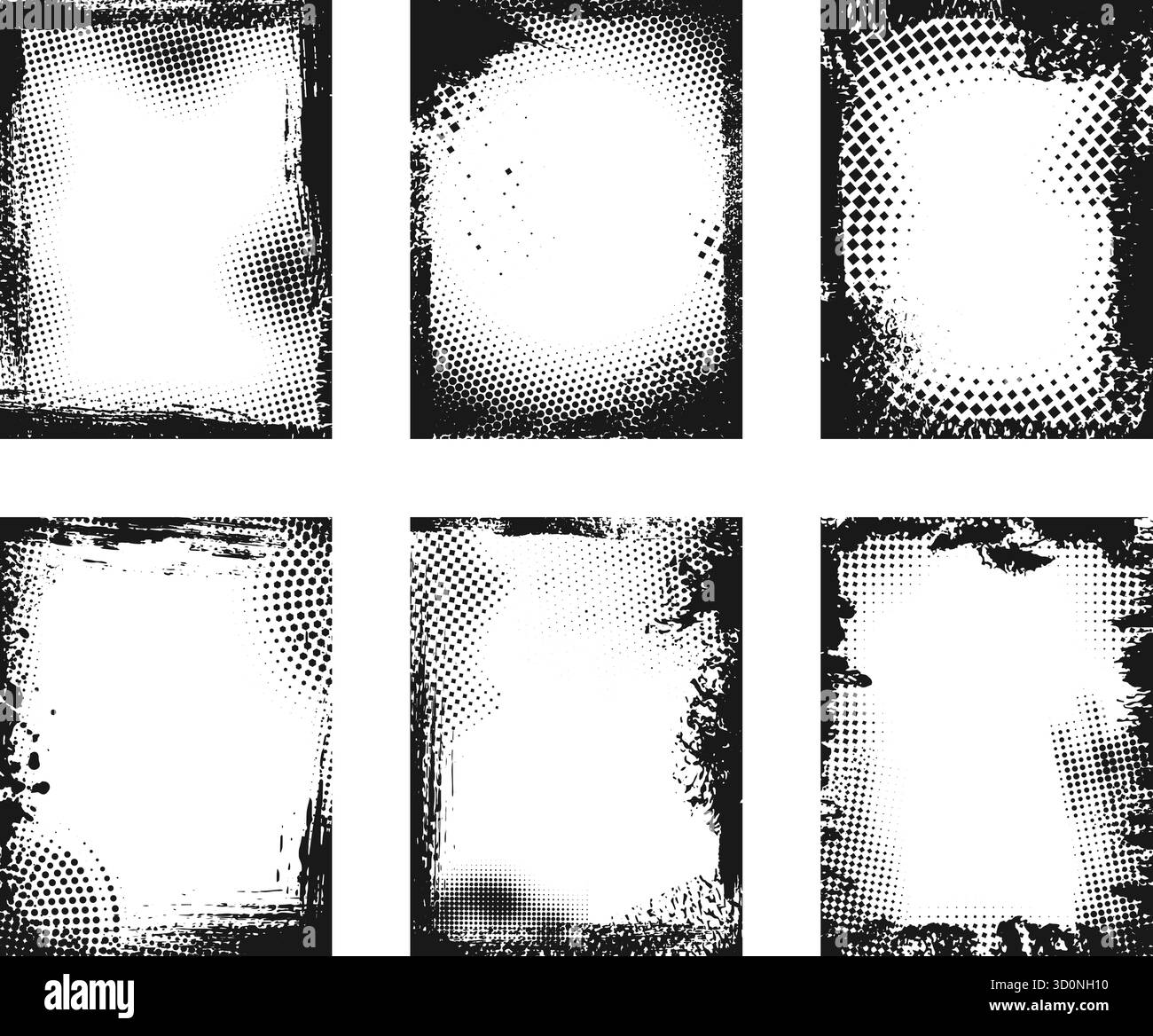 Bordures de demi-teintes grunge. Superpositions de cadre de médias mixtes avec trait de pinceau noir et motif abstrait en pointillés pour la décoration rétro de photo, affiche et bannière Illustration de Vecteur