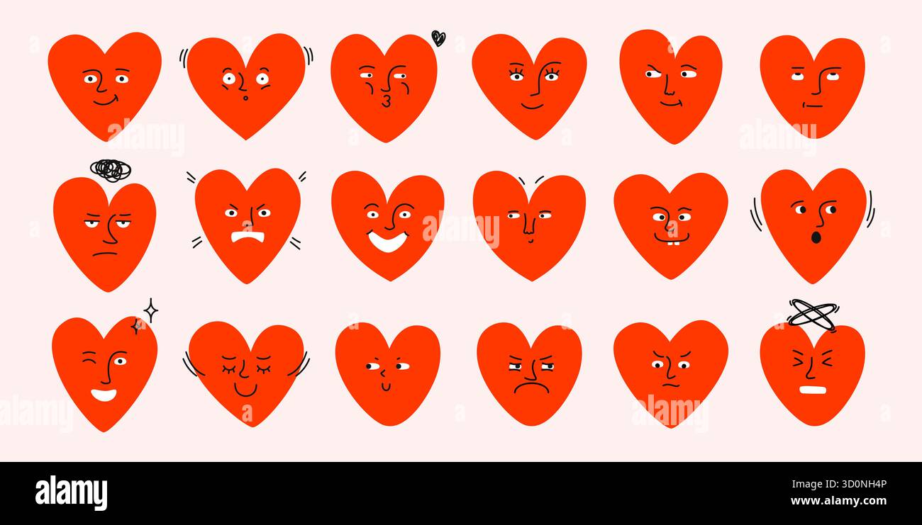 Drôle de gribouillage des visages de coeur. Formes de coeur de dessin animé avec différentes expressions faciales, personnages de coeur excentriques avec des émotions de visage de doodle et romantique mignon Illustration de Vecteur
