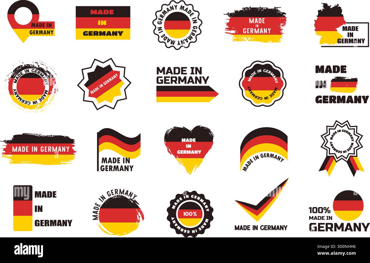 Badges fabriqués en Allemagne. Étiquette commerciale de drapeau allemand, bannière de qualité de produit, autocollant pour certificat, timbre de production, bouton de marque. Noir, rouge et Illustration de Vecteur