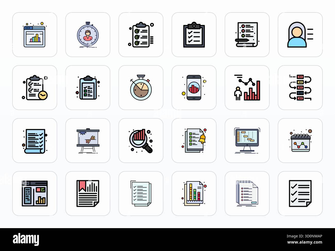 Pack prêt pour l'avenir de 24 icônes vectorielles sur le thème du suivi du progrès, présentant la conception de ligne remplie avec Retina Ready PIXEL Perfect Clarity pour Innova Illustration de Vecteur