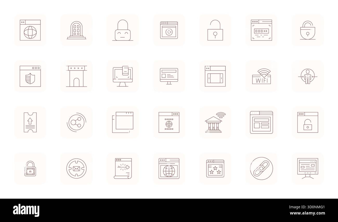 Pack essentiel de 28 icônes vectorielles Grid adaptées pour Portal au format Thin Outline, dimensionné à 128x128 pour des performances et une évolutivité optimales. Illustration de Vecteur