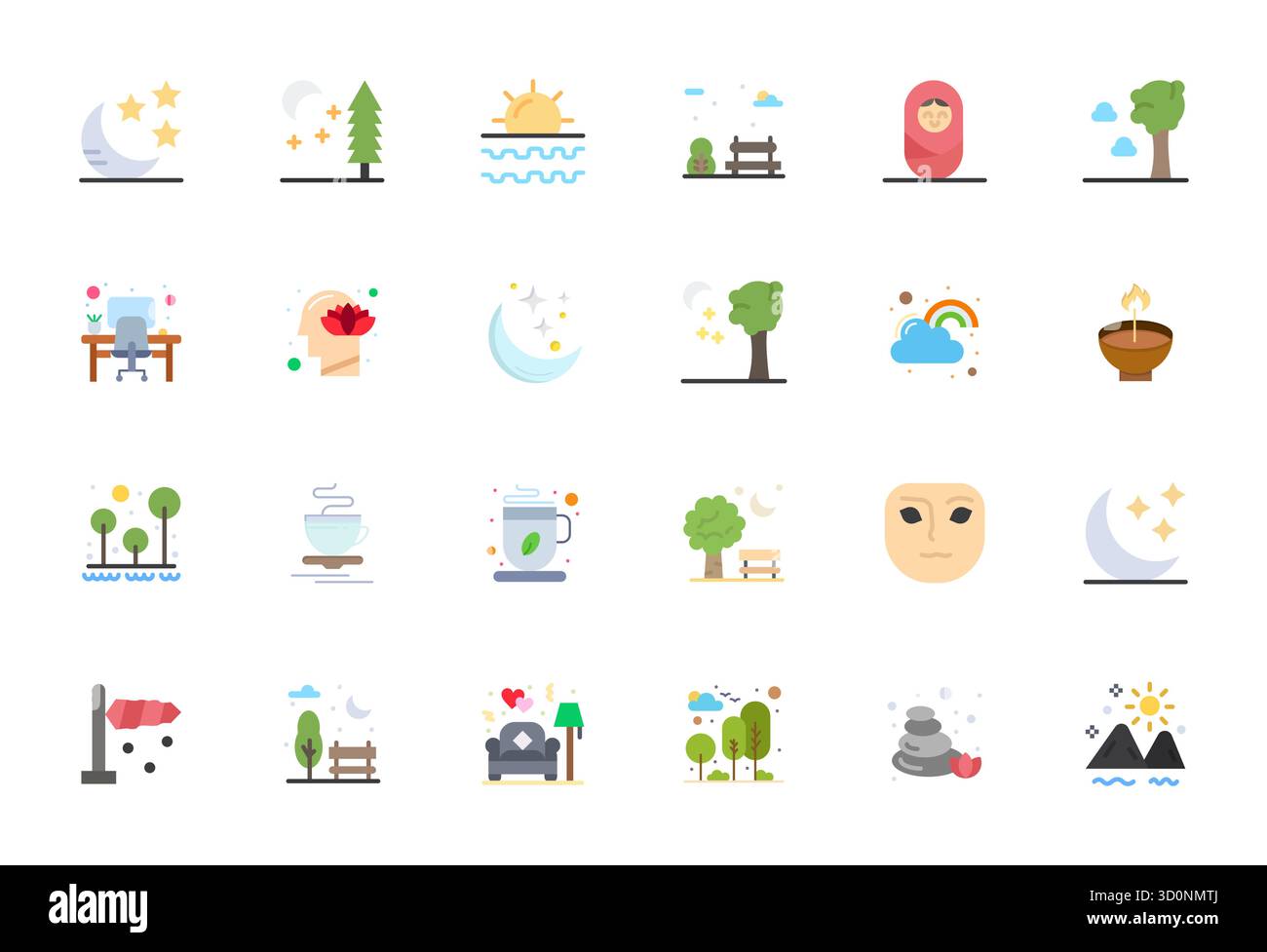 Pack distinctif d'icônes vectorielles optimisées 24 pixels inspirées par Calm, conçues en format plat à haute résolution pour des expériences de marque mémorables. Illustration de Vecteur