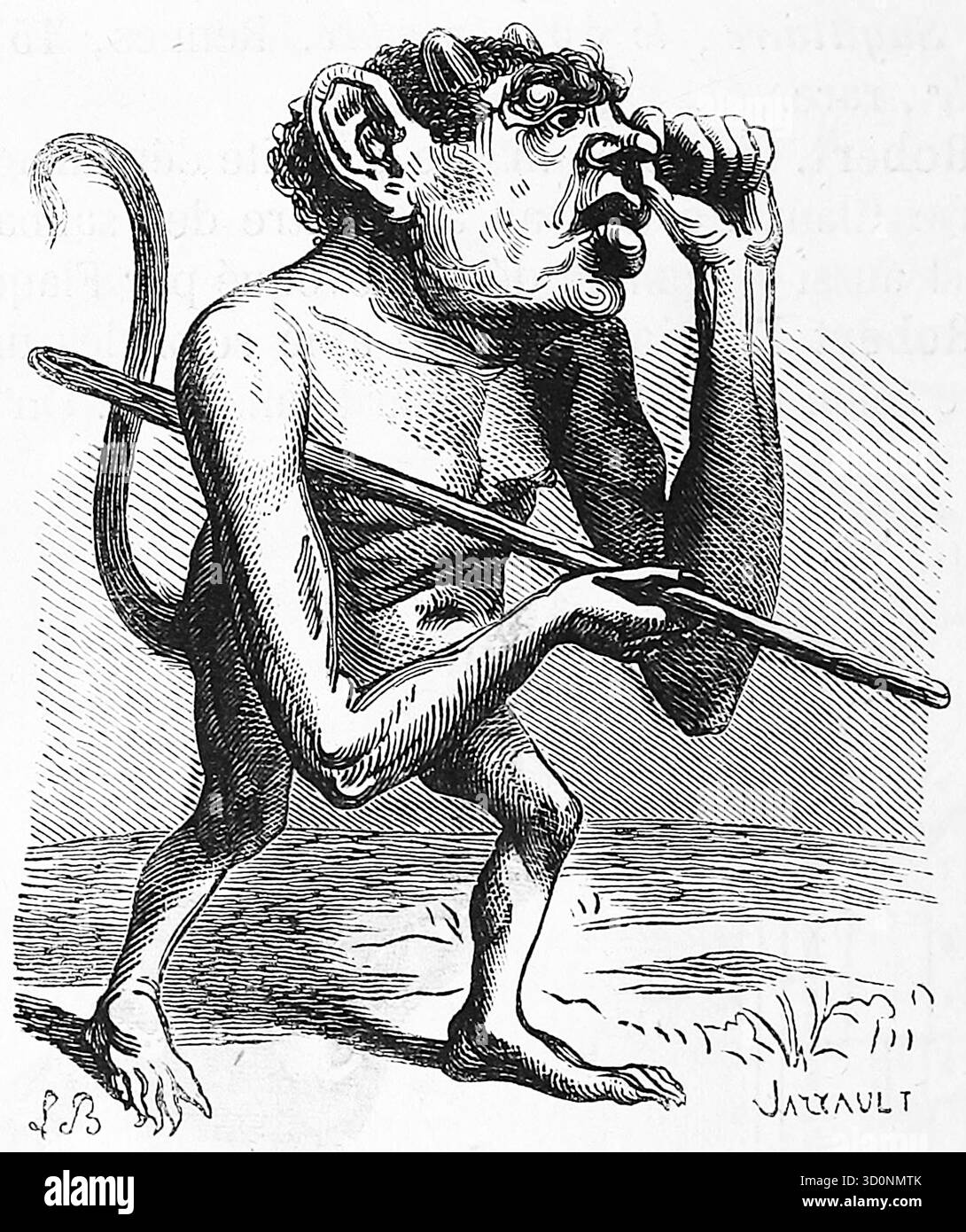 Louis le Breton - Roustem/Rustam ou Ronove - 1863 - une figure grotesque, semblable à un humain, avec des cornes, des oreilles pointues, une queue et des pieds ressemblant à des animaux. Le personnage tient un long bâton ou un club et semble cueillir son nez avec une main. En démonologie, Ronove est décrit comme un marquis et grand comte de l'enfer qui commande vingt légions de démons. On dit aussi qu'il a le pouvoir de donner à une personne la connaissance des arts et de la rhétorique et de créer la loyauté parmi les amis et les ennemis. Banque D'Images
