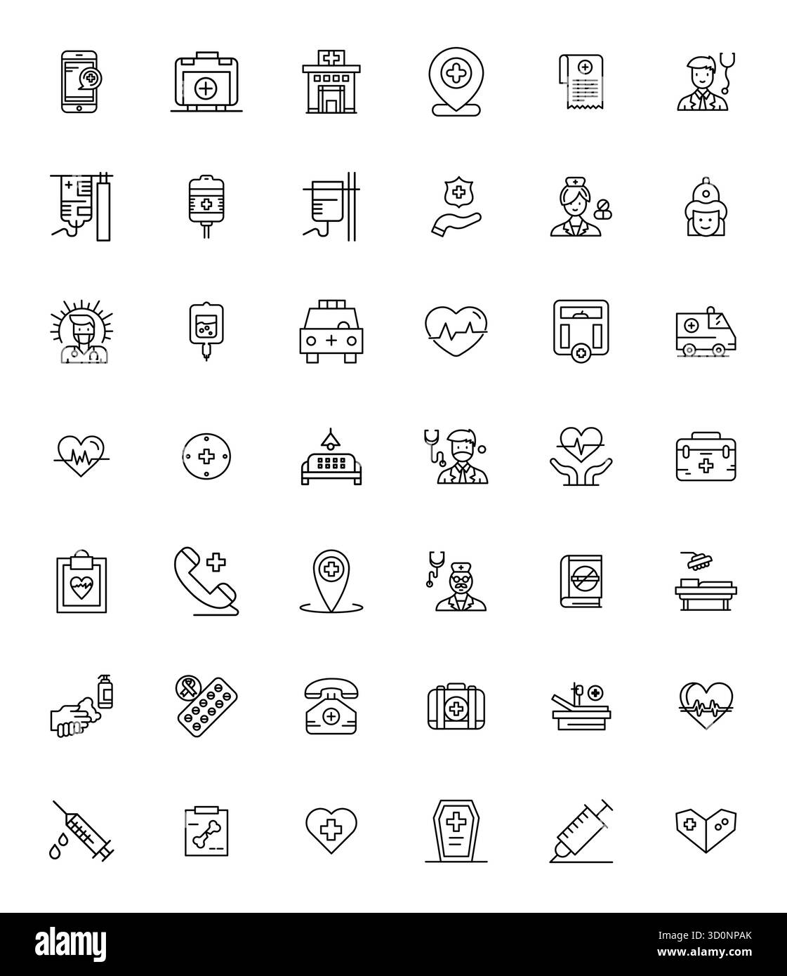 Pack innovant de 42 icônes vectorielles sur le thème de l'hôpital, présentant la conception Bold Line en format modifiable 64x64 pour des solutions numériques modernes. Illustration de Vecteur