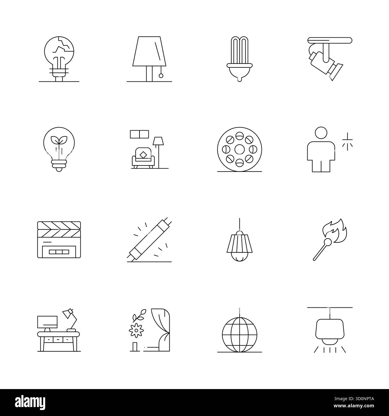 Débloquez 16 icônes vectorielles optimisées Thin Line Pixel inspirées par l'éclairage, optimisées au format 128x128 pour un affichage sans faille sur tous les appareils. Illustration de Vecteur