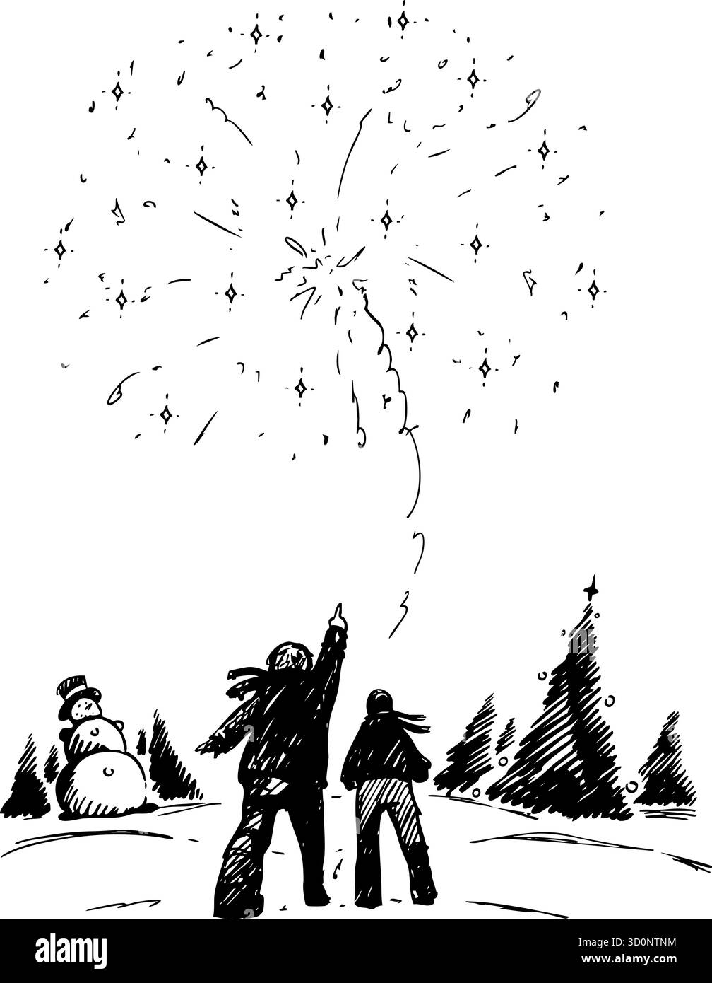 Une scène hivernale festive et festive mettant en vedette des feux d'artifice colorés, un bonhomme de neige et de la joie Banque D'Images