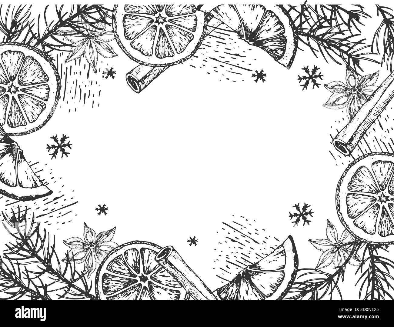 Un cadre vectoriel graphique avec des oranges, de la cannelle, de l'anis étoilé et des clous de girofle. Illustration de Vecteur