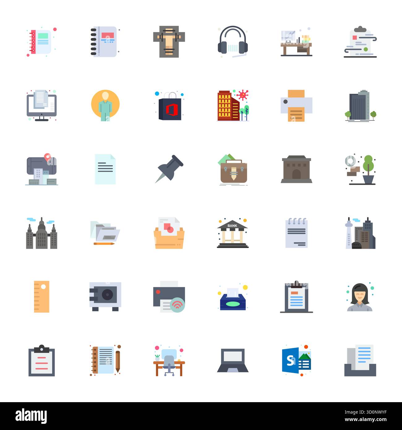 Ensemble sophistiqué de 36 icônes vectorielles plates pour Office, conçu avec une clarté ajustée 128x128 Grid pour les applications professionnelles. Illustration de Vecteur