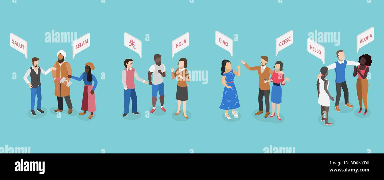Illustration plate isométrique 3D de la communication internationale, de la culture et de la diversité linguistique Banque D'Images