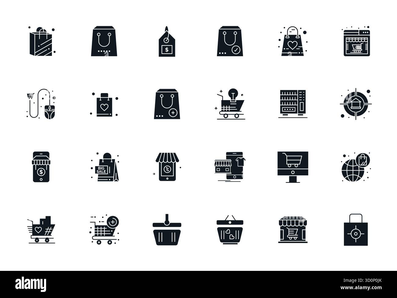 Ensemble sophistiqué de 24 icônes vectorielles remplies pour acheter, conçu avec Retina Ready Pixel Aligned Clarity pour les applications professionnelles. Illustration de Vecteur