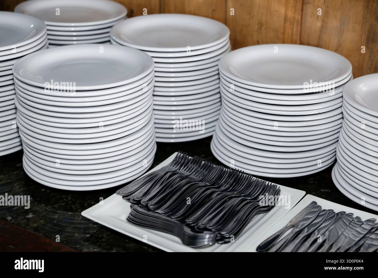 Ensemble organisé d'assiettes blanches et de couverts prêts à être utilisés dans les buffets et les événements, parfait pour les restaurants et les services de restauration Banque D'Images