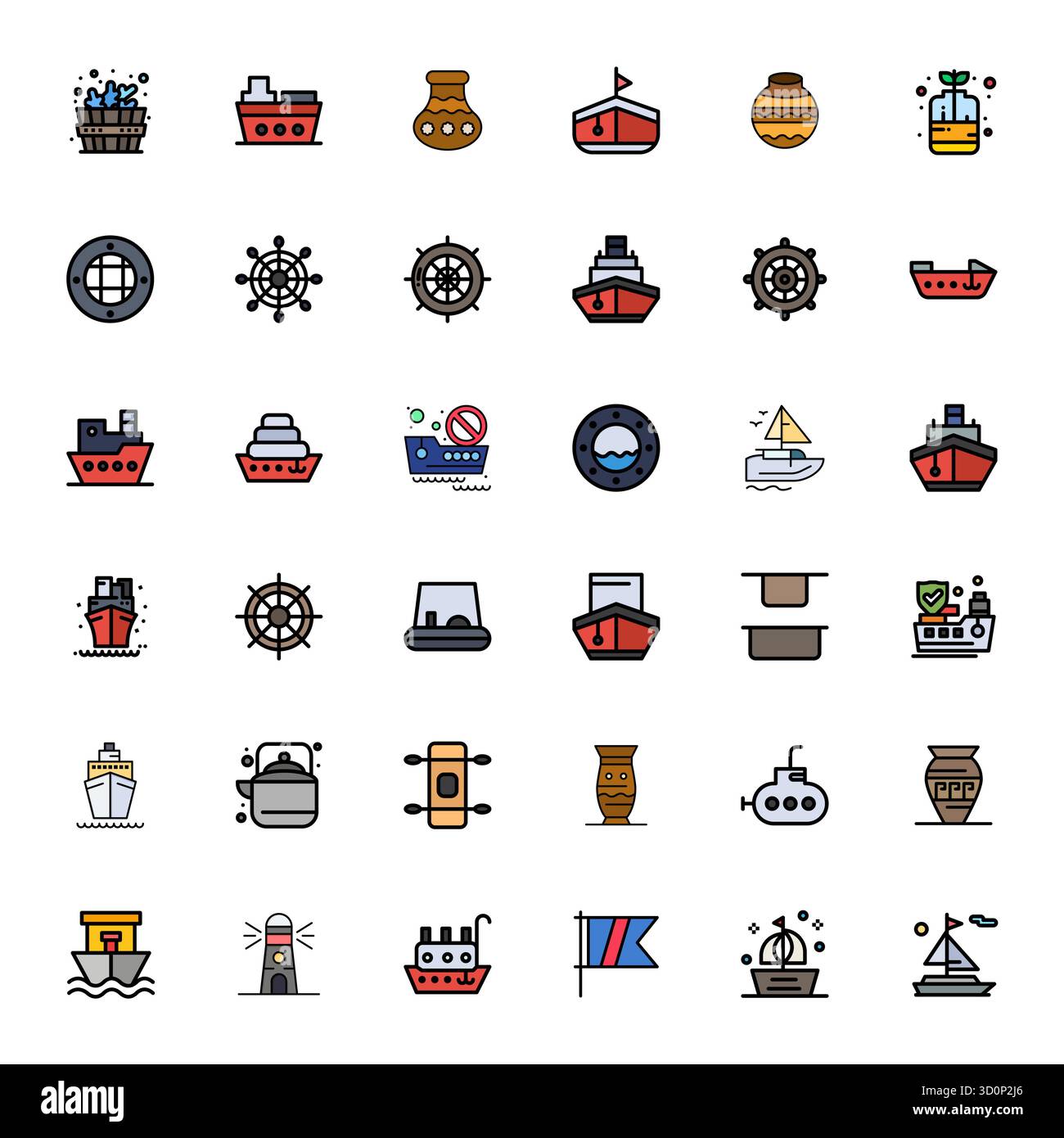 Collection de qualité professionnelle de 36 icônes vectorielles remplies de ligne représentant le navire, conçu avec une précision alignée de 64x64 pixels pour l'entreprise applicatio Illustration de Vecteur