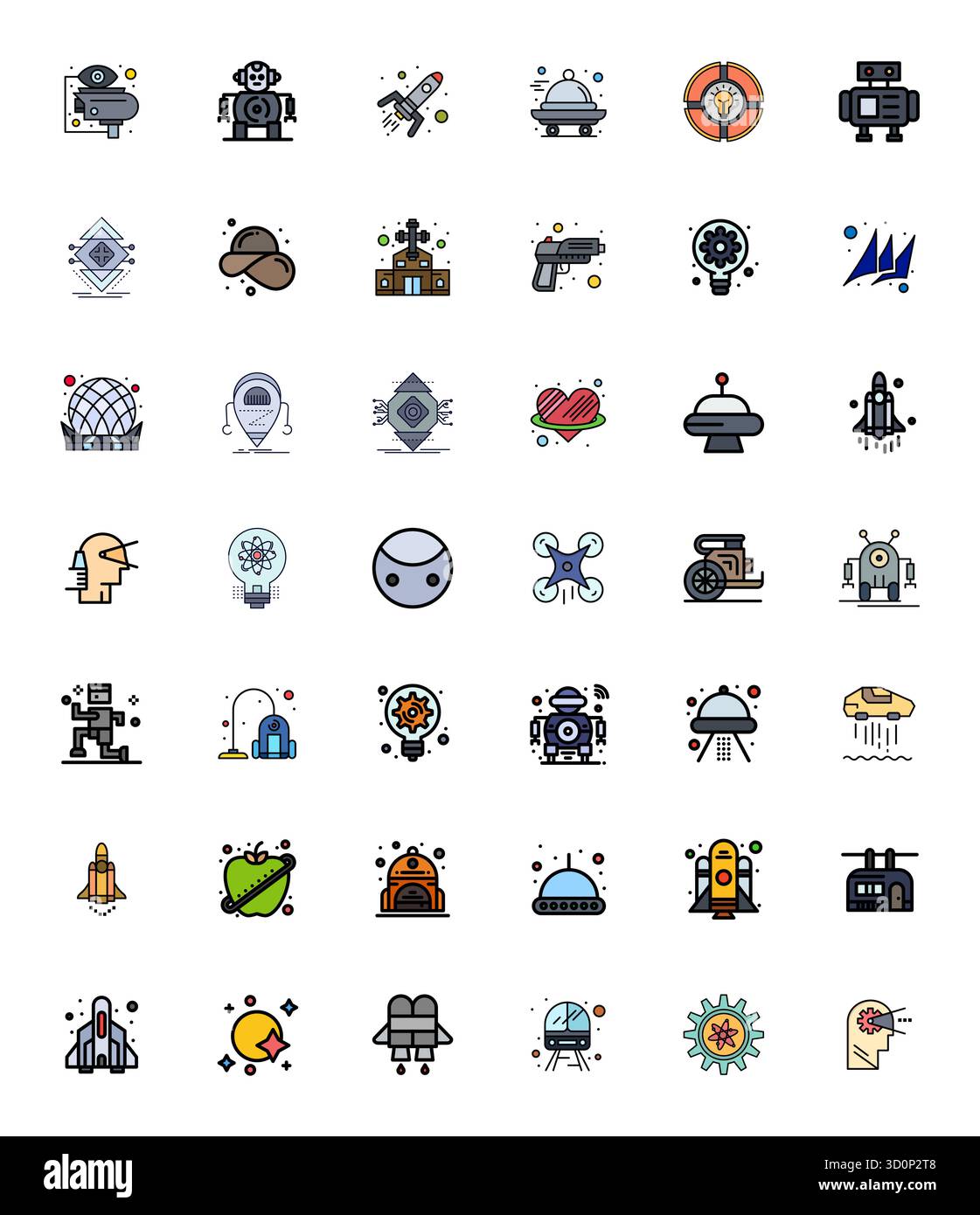 Ultime collection de 42 icônes vectorielles représentant Futuristic dans une esthétique Flat Line remplie, optimisée avec une résolution optimisée de 128x128 pixels pour ma Illustration de Vecteur