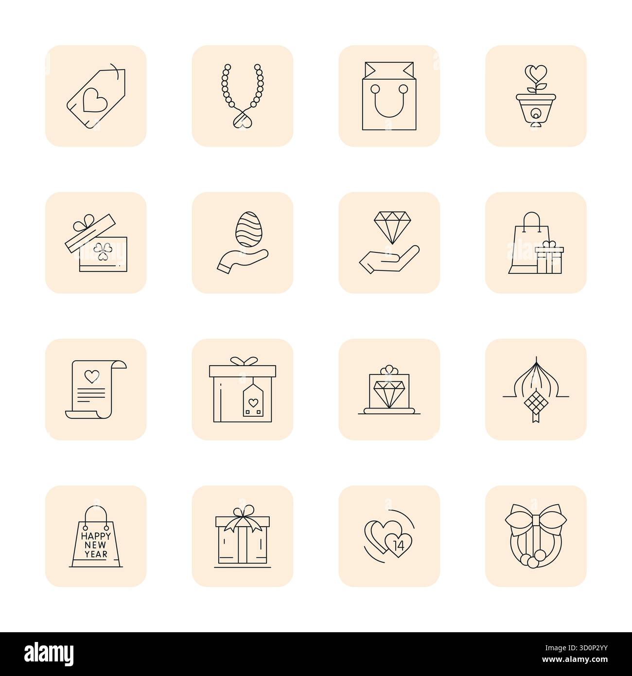 Pack prêt pour l'avenir de 16 icônes vectorielles sur le thème du cadeau, présentant la conception Thin Outline avec la clarté optimisée Retina Ready Pixel pour l'utilisateur innovant Illustration de Vecteur